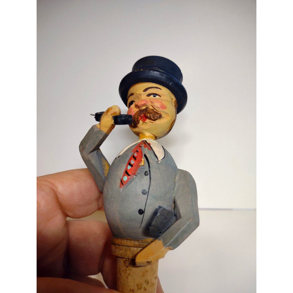 ANRI Phone Call Man Bottle Stopper Wood Carved Puppet Barware Vintage Mechanical - Picture 1 of 8